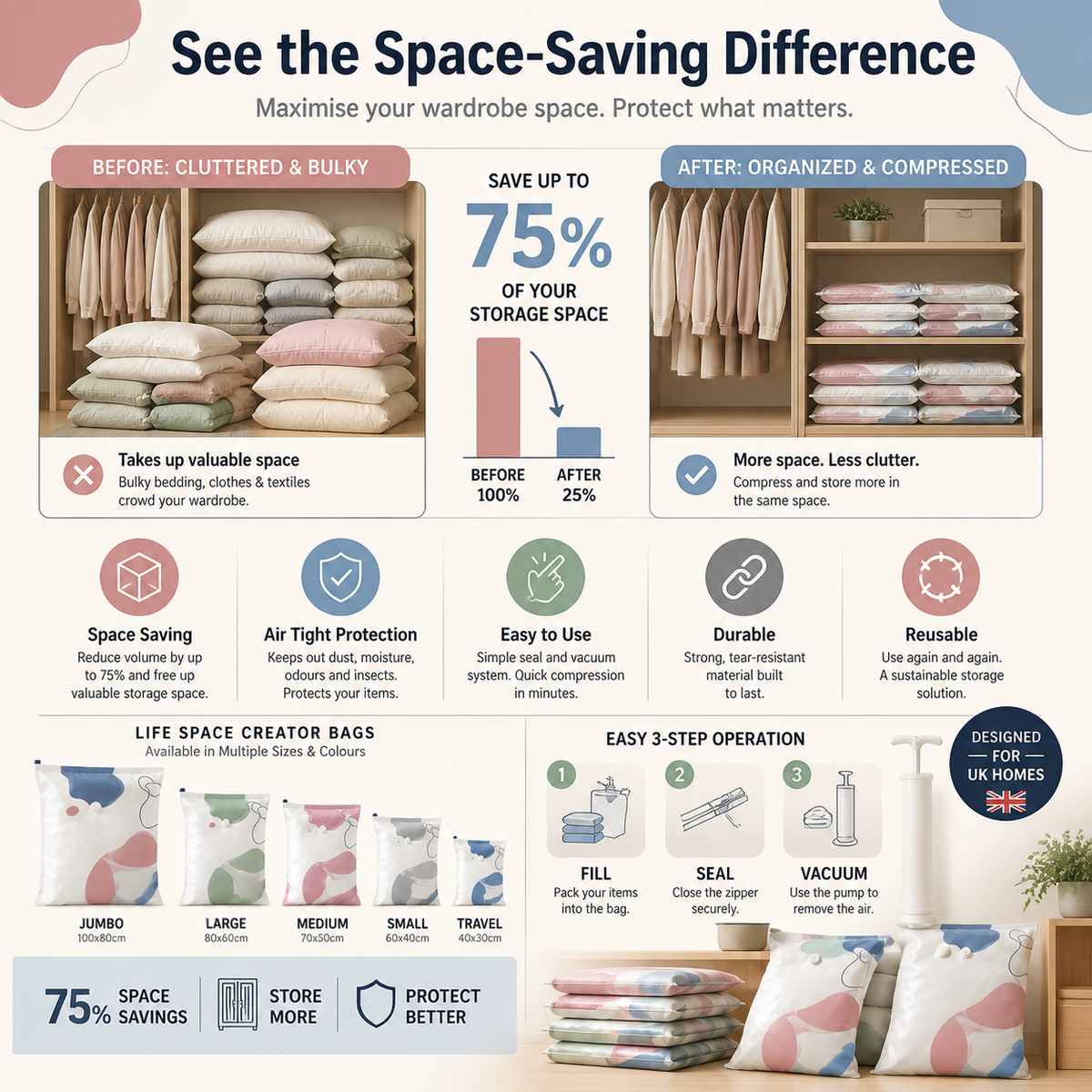 No‑Pump Vacuum Storage Bags – Press & seal, no pump needed. Saves 80% space, keeps clothes dry & dust‑free. Perfect for bulky bedding & off‑season gear. 🛏️🗄️