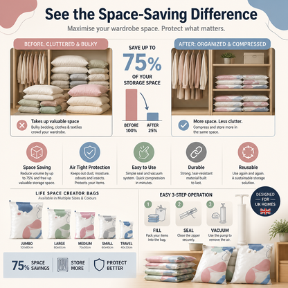 No‑Pump Vacuum Storage Bags – Press & seal, no pump needed. Saves 80% space, keeps clothes dry & dust‑free. Perfect for bulky bedding & off‑season gear. 🛏️🗄️