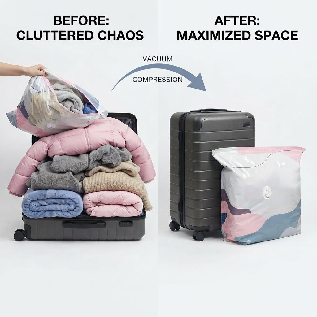 No‑Pump Vacuum Storage Bags – Press & seal, no pump needed. Saves 80% space, keeps clothes dry & dust‑free. Perfect for bulky bedding & off‑season gear. 🛏️🗄️